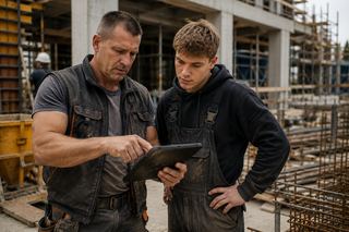 Zwei Bauarbeiter sehen auf einer Baustelle gemeinsam auf ein Tablet