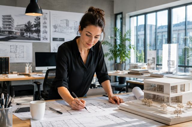 Architektin zeichnet an einem Bauplan neben einem Gebäudemodell im Büro