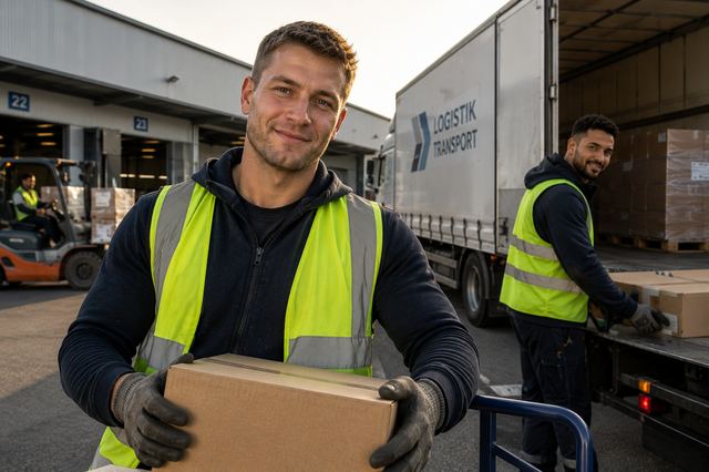 Lagerarbeiter in Warnweste hält ein Paket vor einem LKW mit der Aufschrift Logistik Transport