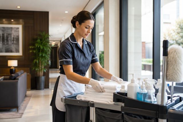 Zimmermädchen faltet Handtücher an einem Reinigungswagen im Hotelflur