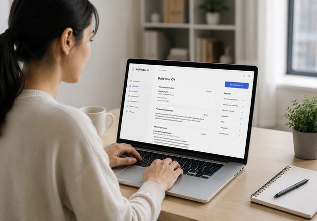 Frau am Laptop, die Jobangebote durchsieht